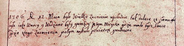 Polsky psaný záznam o zatmění Slunce v roce 1706. Foto Marek Zawilski.